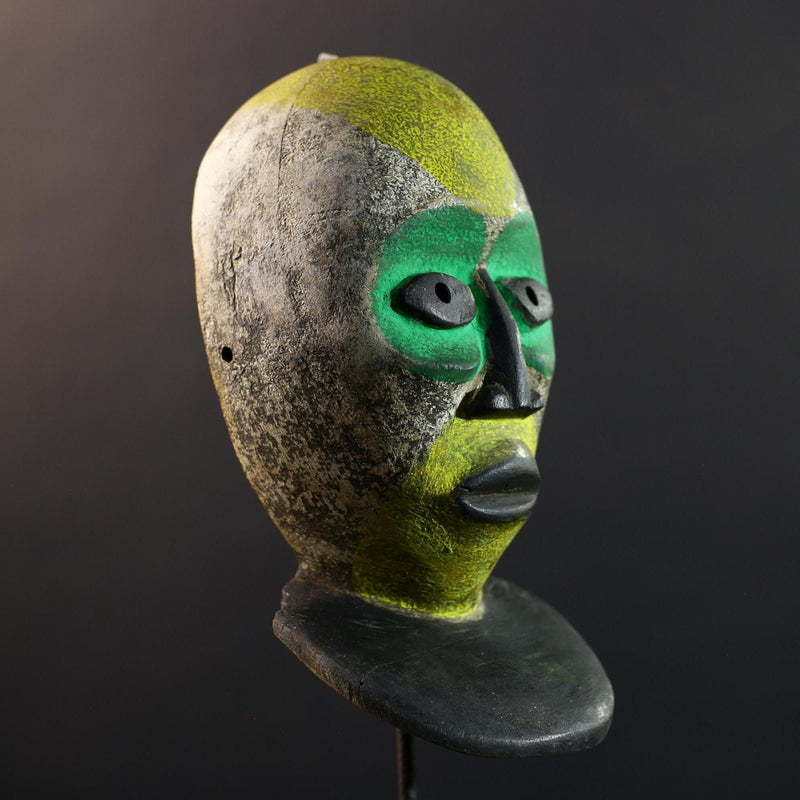 African Pende Helmet Mask, Congo Tribal Dance Art, Hand Carved Wood Sculpture, Split Face Green Yellow Decor-G5335