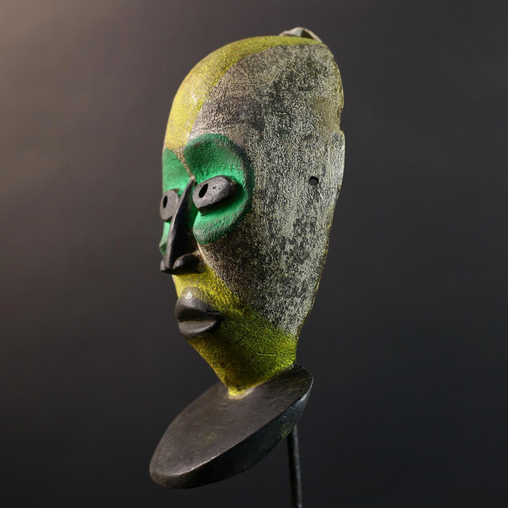 African Pende Helmet Mask, Congo Tribal Dance Art, Hand Carved Wood Sculpture, Split Face Green Yellow Decor-G5335
