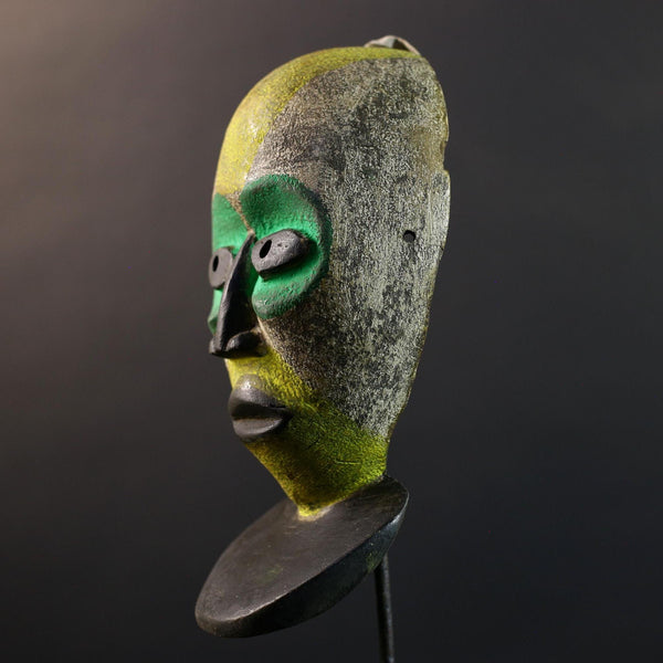 African Pende Helmet Mask, Congo Tribal Dance Art, Hand Carved Wood Sculpture, Split Face Green Yellow Decor-G5335
