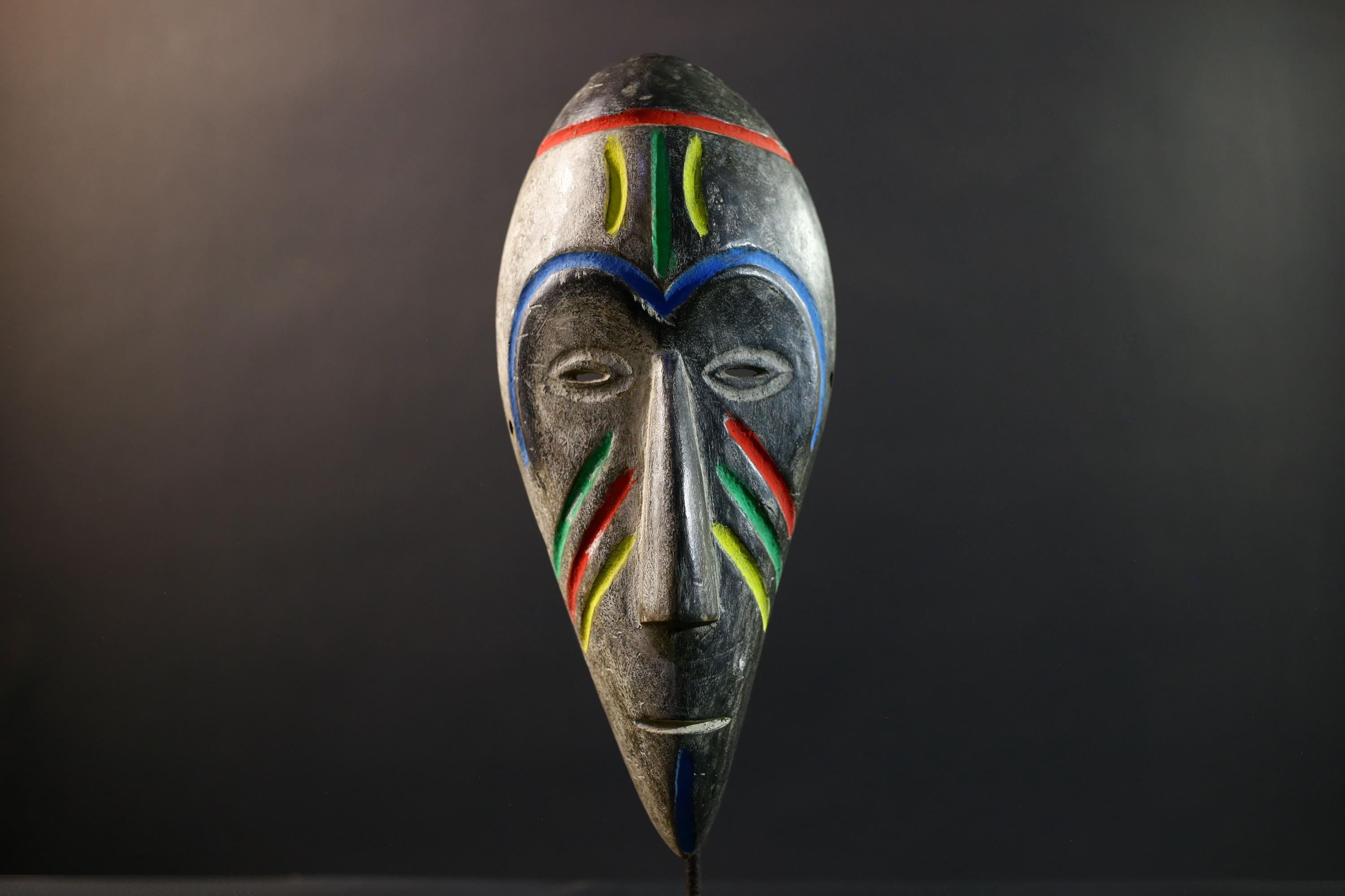 African Fang Ngil Mask, Gabon Tribal Wall Art, Hand Carved Wood Sculpture, Kaolin Patina Decor, Colorful Scarification Mask-G5333