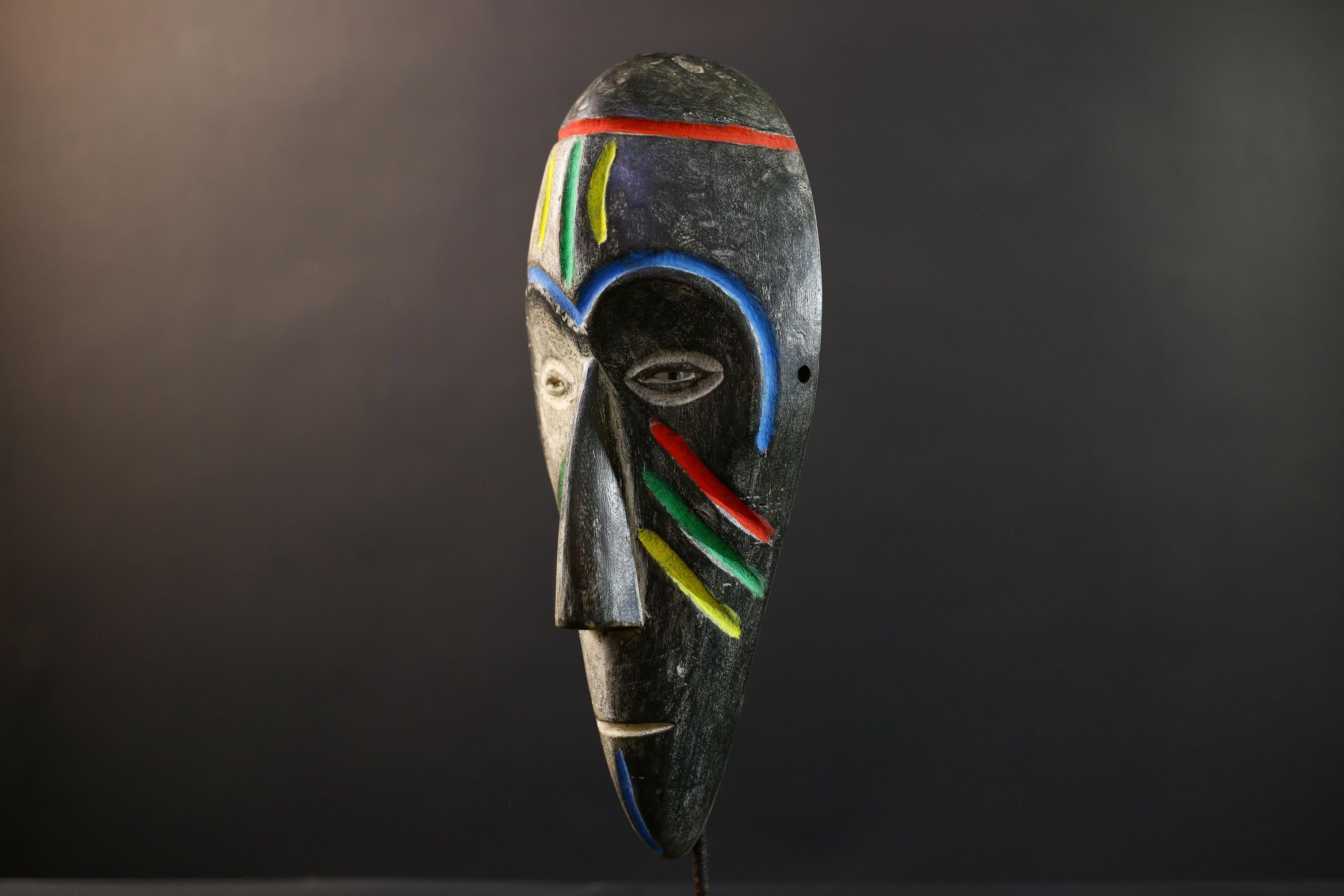 African Fang Ngil Mask, Gabon Tribal Wall Art, Hand Carved Wood Sculpture, Kaolin Patina Decor, Colorful Scarification Mask-G5333