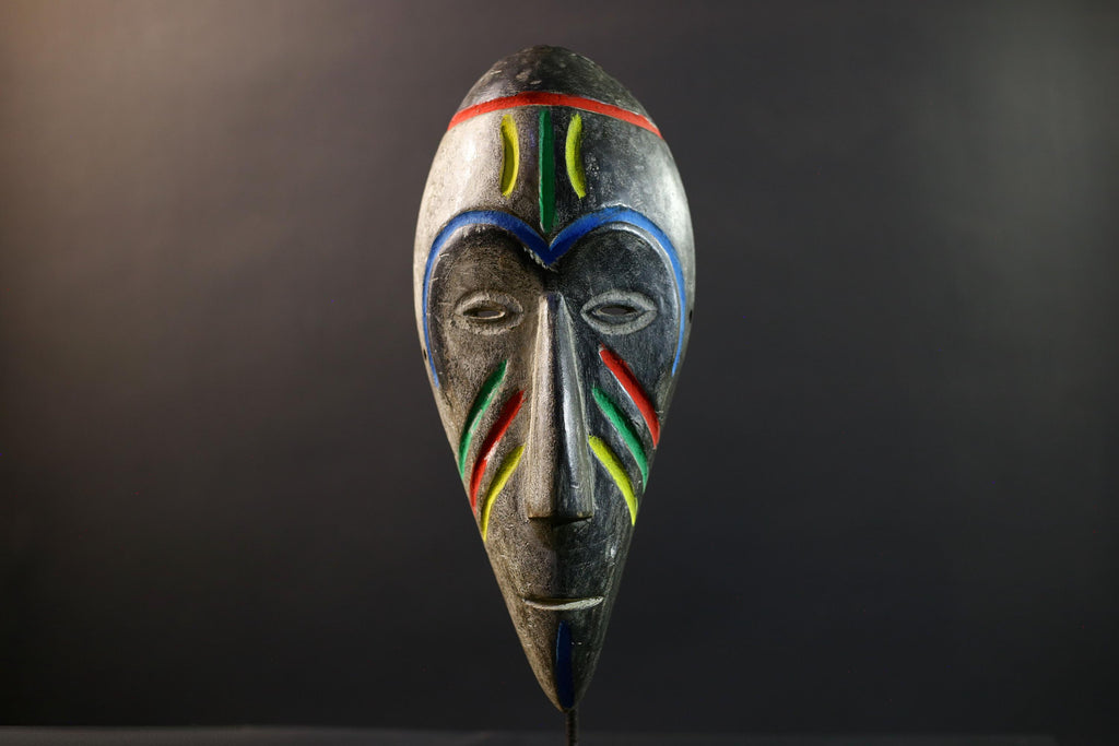 African Fang Ngil Mask, Gabon Tribal Wall Art, Hand Carved Wood Sculpture, Kaolin Patina Decor, Colorful Scarification Mask-G5333