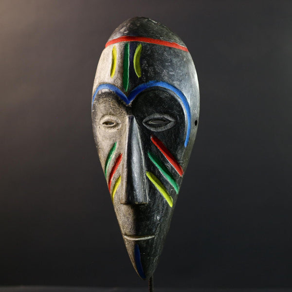 African Fang Ngil Mask, Gabon Tribal Wall Art, Hand Carved Wood Sculpture, Kaolin Patina Decor, Colorful Scarification Mask-G5333