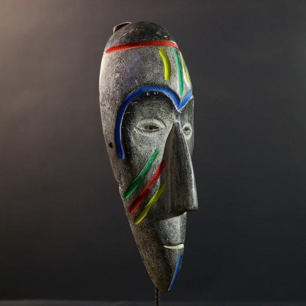 African Fang Ngil Mask, Gabon Tribal Wall Art, Hand Carved Wood Sculpture, Kaolin Patina Decor, Colorful Scarification Mask-G5333