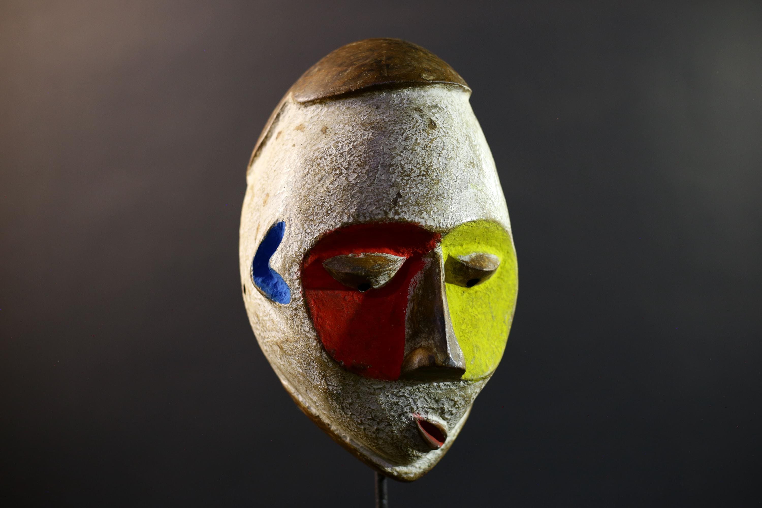 African Fang Mask, Gabon Ngil Tribe Wall Art, Hand Carved Kaolin Wood Sculpture, Colorful Tribal Home Decor-G5332