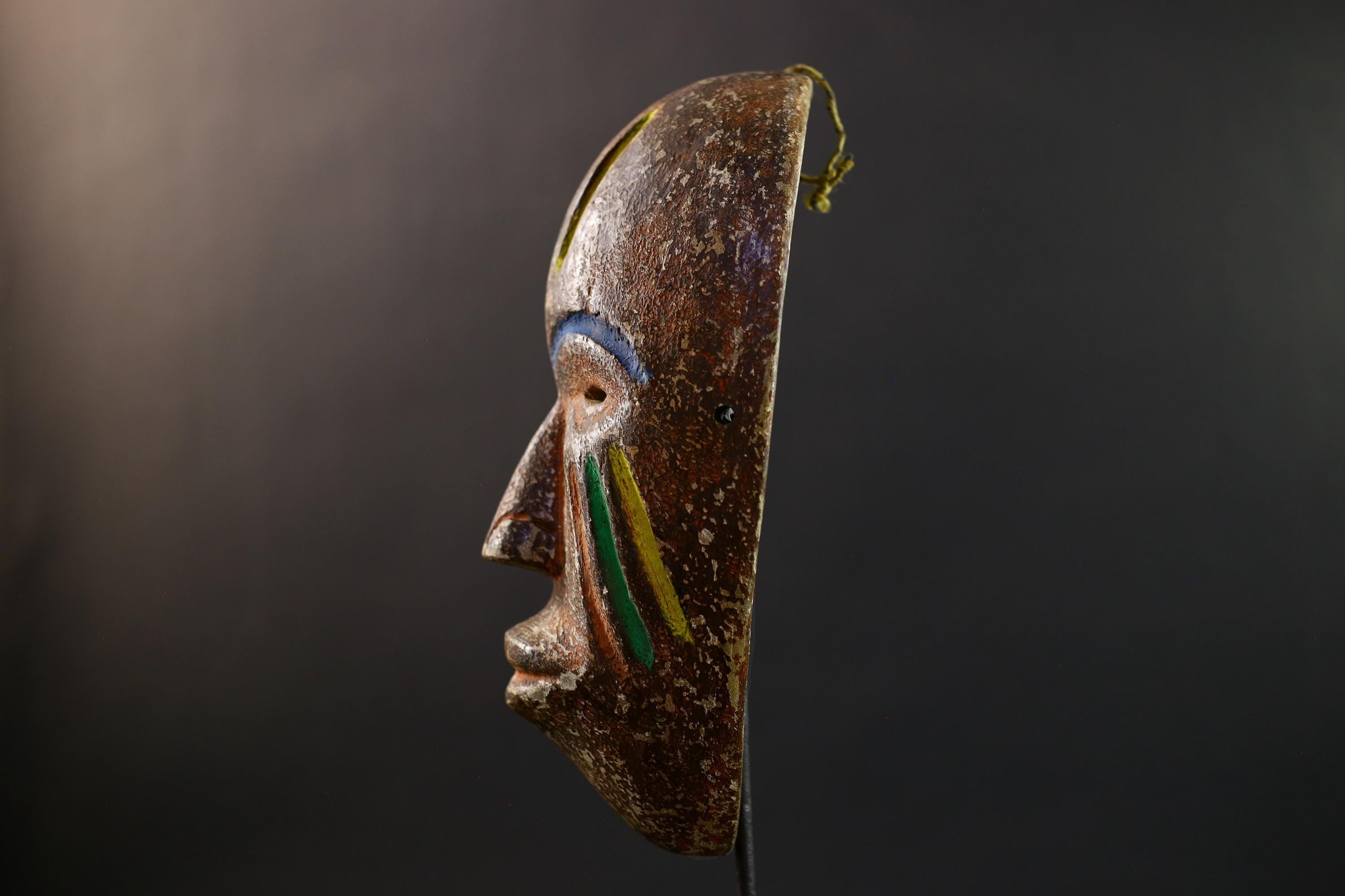 African Fang Ngil Mask, Gabon Tribal Wall Art, Hand-Carved Kaolin Wood Sculpture, Colorful Scarification Decor Mask-G5330