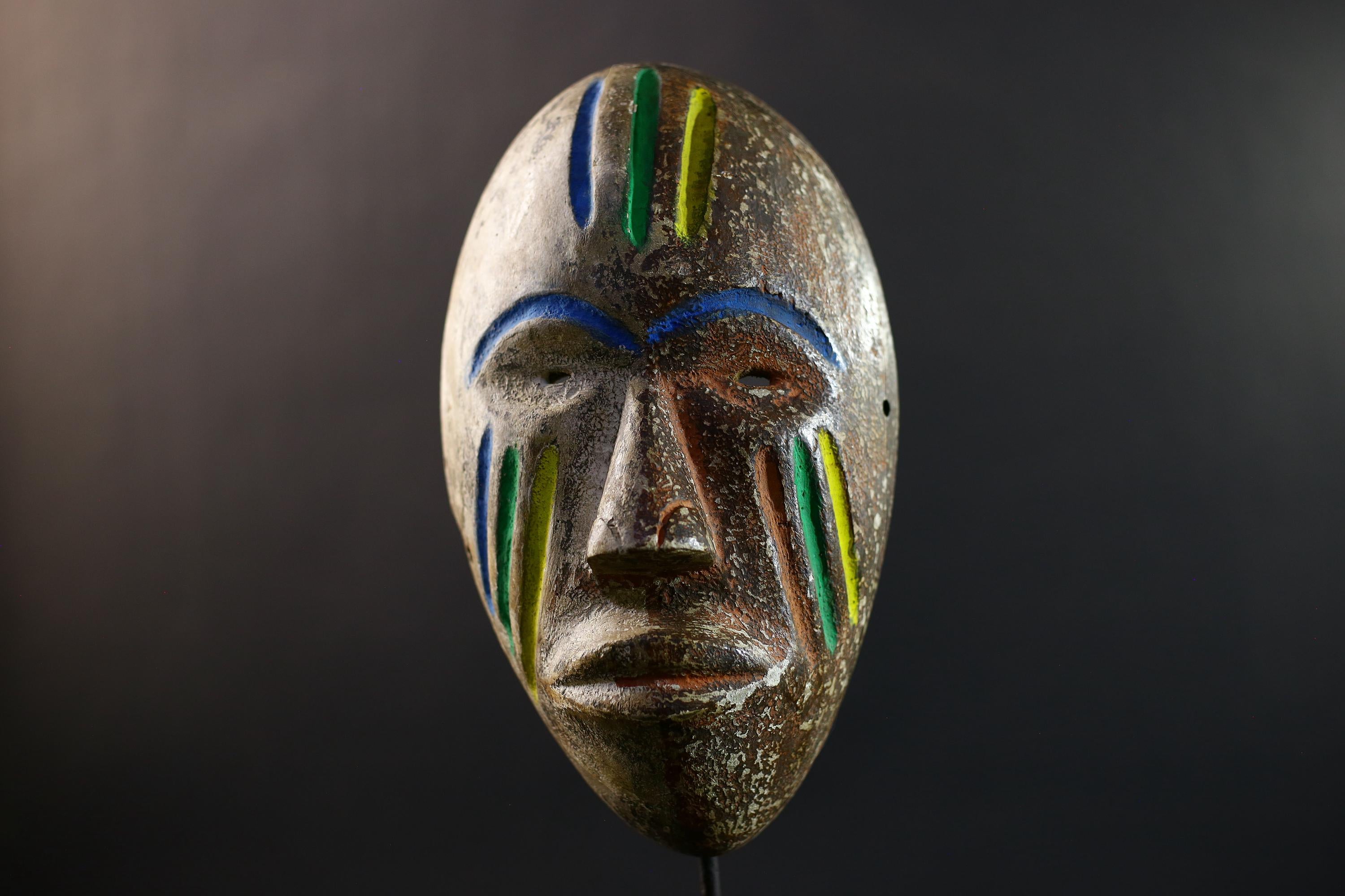African Fang Ngil Mask, Gabon Tribal Wall Art, Hand-Carved Kaolin Wood Sculpture, Colorful Scarification Decor Mask-G5330