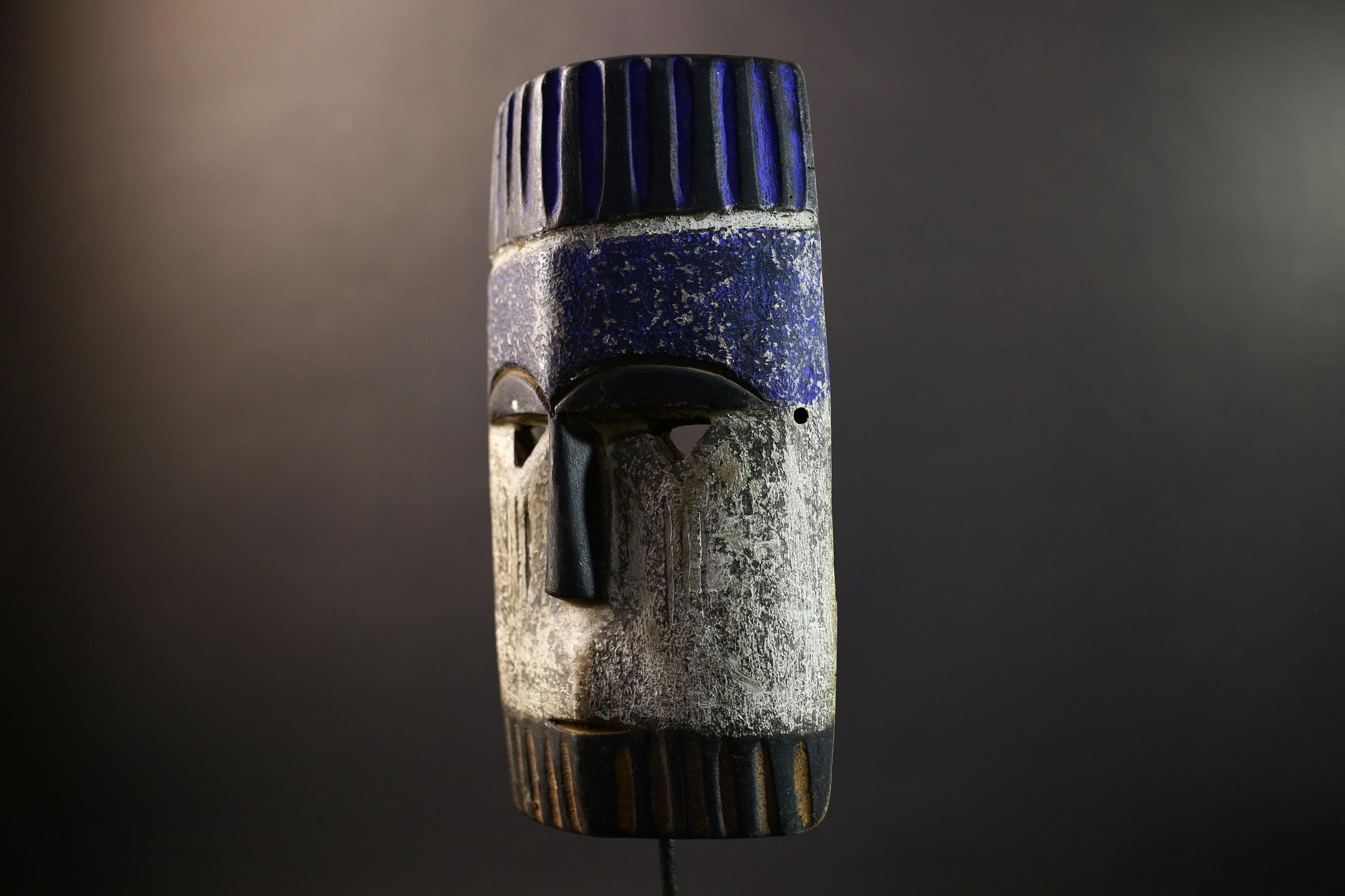 African Pende Helmet Mask, Congo Tribal Wall Art, Indigo Crown Kaolin Sculpture, Hand-Carved Wood Decor, Initiation Dance Totem-G5328