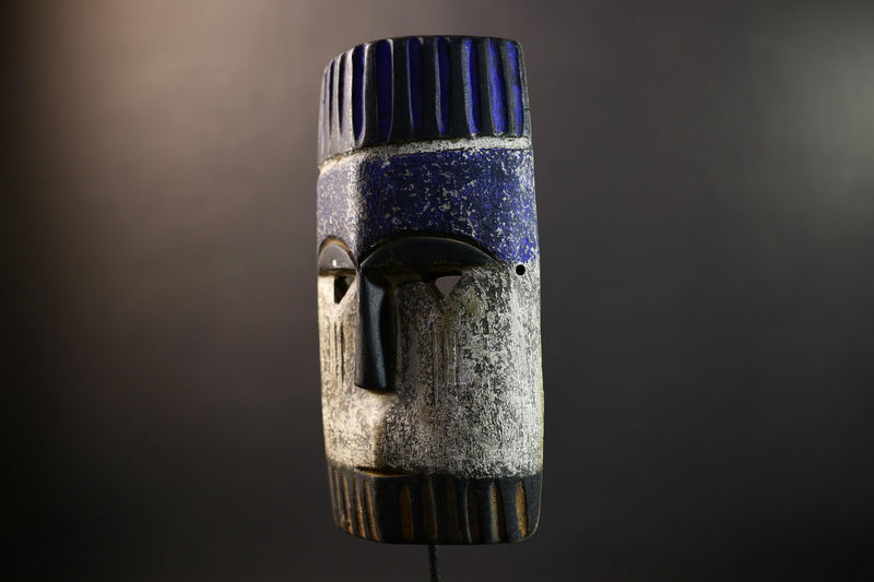 African Pende Helmet Mask, Congo Tribal Wall Art, Indigo Crown Kaolin Sculpture, Hand-Carved Wood Decor, Initiation Dance Totem-G5328
