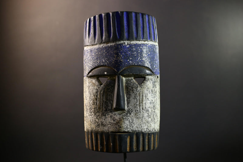 African Pende Helmet Mask, Congo Tribal Wall Art, Indigo Crown Kaolin Sculpture, Hand-Carved Wood Decor, Initiation Dance Totem-G5328