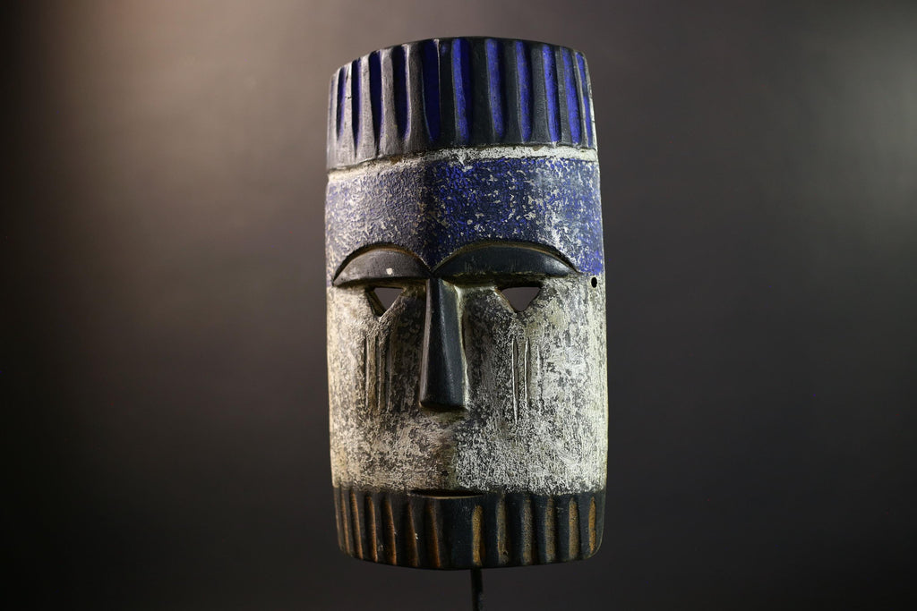 African Pende Helmet Mask, Congo Tribal Wall Art, Indigo Crown Kaolin Sculpture, Hand-Carved Wood Decor, Initiation Dance Totem-G5328