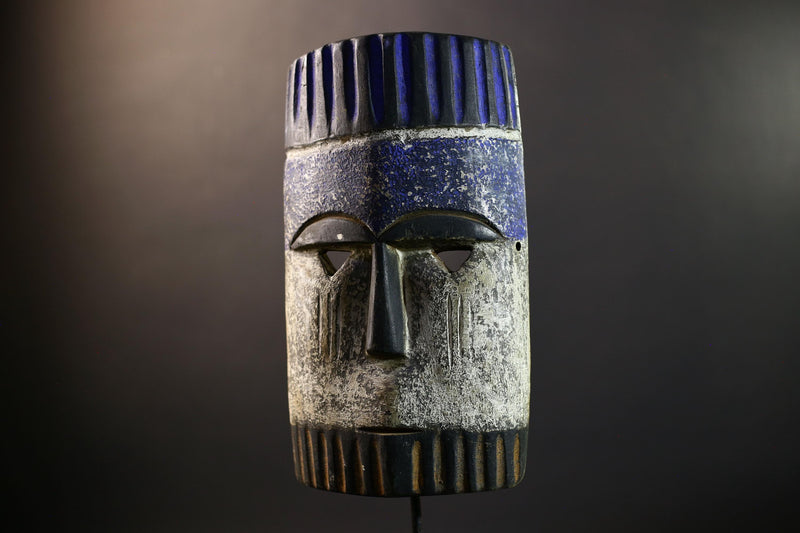 African Pende Helmet Mask, Congo Tribal Wall Art, Indigo Crown Kaolin Sculpture, Hand-Carved Wood Decor, Initiation Dance Totem-G5328