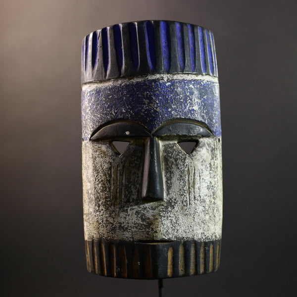 African Pende Helmet Mask, Congo Tribal Wall Art, Indigo Crown Kaolin Sculpture, Hand-Carved Wood Decor, Initiation Dance Totem-G5328