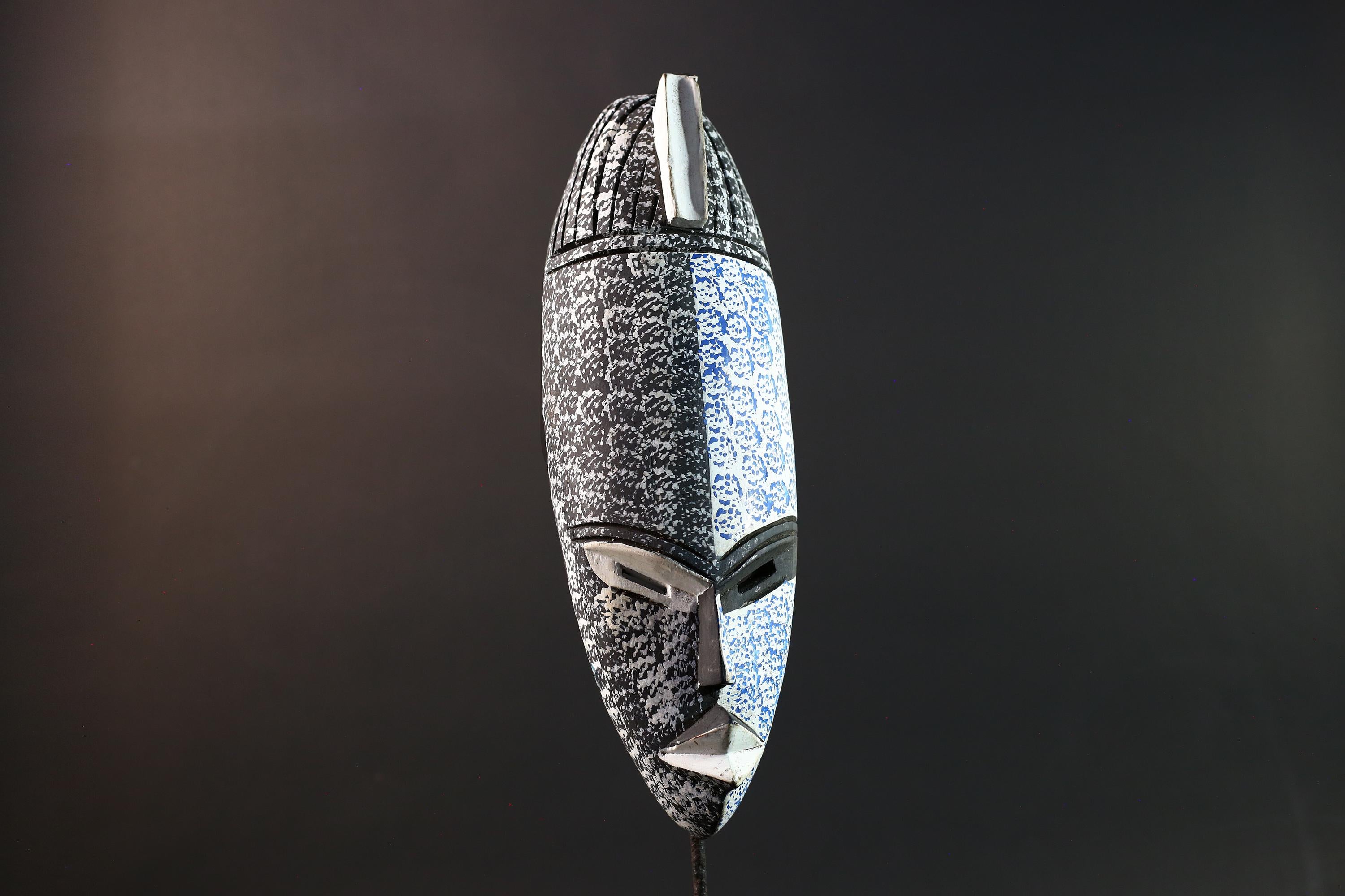 African tribal wall mask Kwele face art blue black carved wood decor handmade African spirit mask wall sculpture Gabon art-G5427