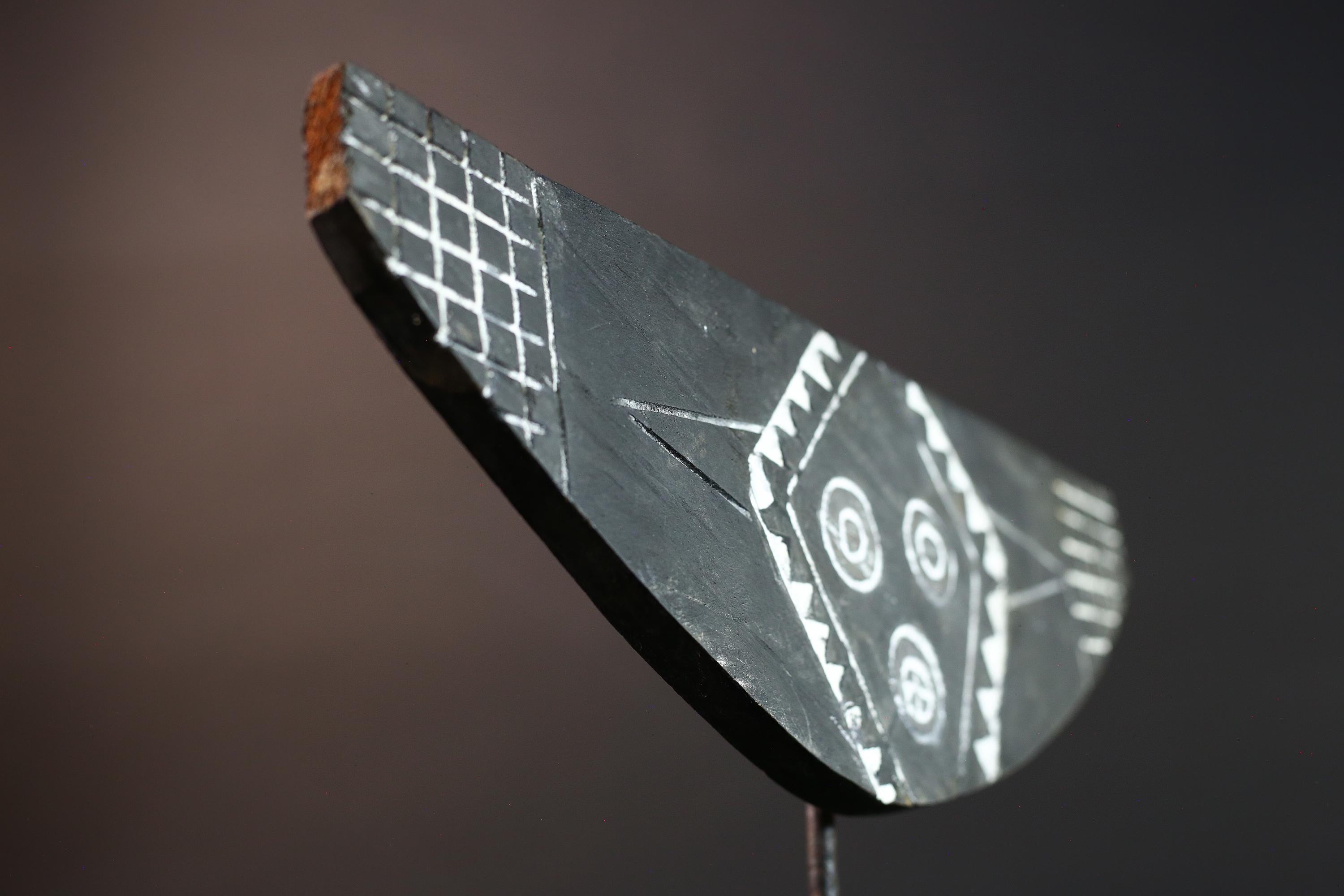 African tribal plank mask Bwa black white wall decor ceremonial wood carving folk art face sculpture Burkina Faso wall mask-G5429