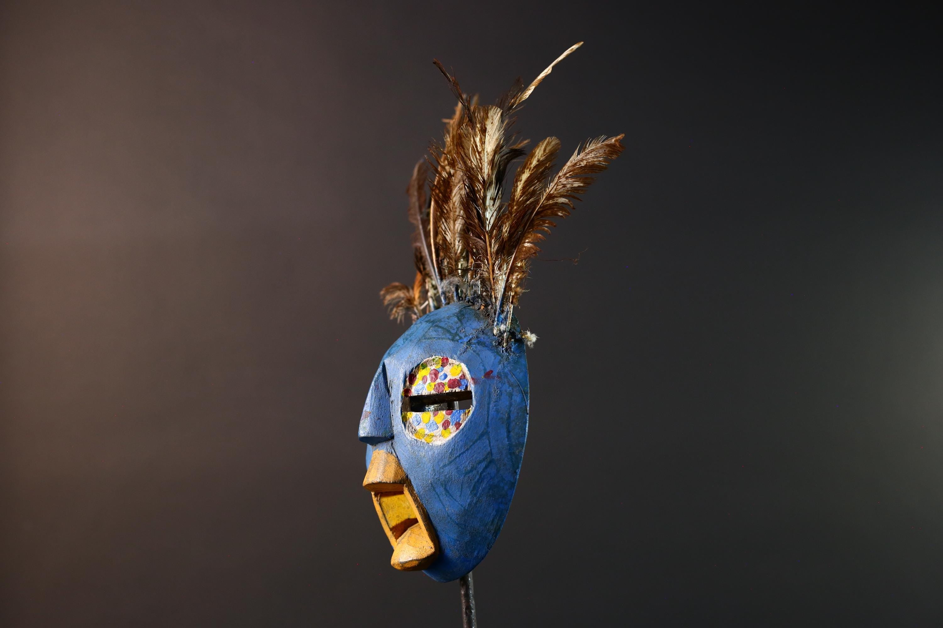 African tribal Bobo mask blue face wall decor with feathers spirit mask Burkina Faso ceremonial art sculpture handmade carving-G5430
