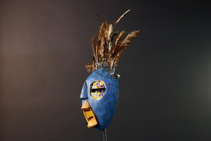 African tribal Bobo mask blue face wall decor with feathers spirit mask Burkina Faso ceremonial art sculpture handmade carving-G5430