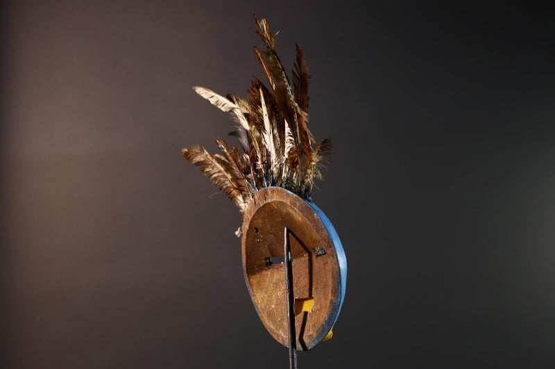 African tribal Bobo mask blue face wall decor with feathers spirit mask Burkina Faso ceremonial art sculpture handmade carving-G5430