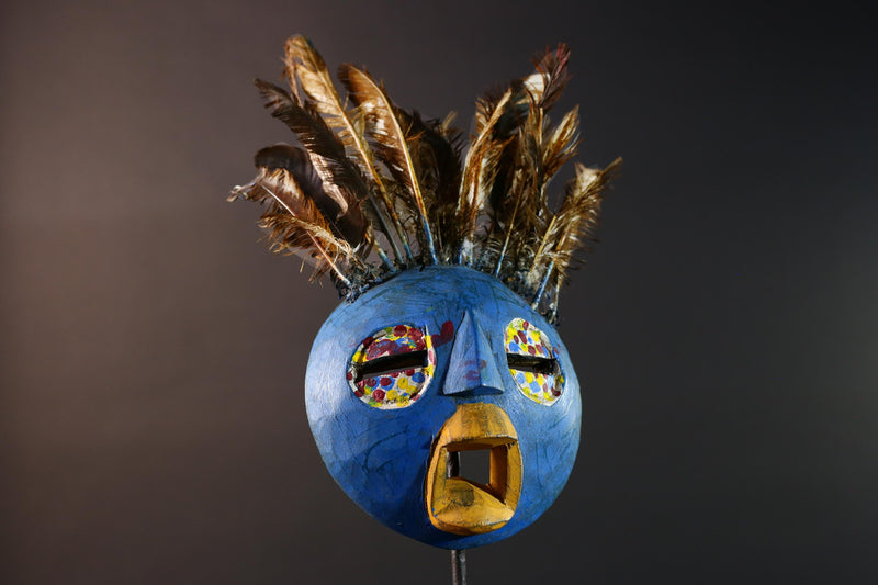 African tribal Bobo mask blue face wall decor with feathers spirit mask Burkina Faso ceremonial art sculpture handmade carving-G5430
