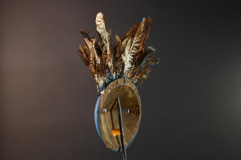 African tribal Bobo mask blue face wall decor with feathers spirit mask Burkina Faso ceremonial art sculpture handmade carving-G5430