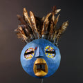 African tribal Bobo mask blue face wall decor with feathers spirit mask Burkina Faso ceremonial art sculpture handmade carving-G5430