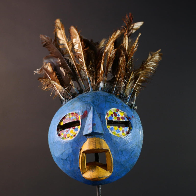 African tribal Bobo mask blue face wall decor with feathers spirit mask Burkina Faso ceremonial art sculpture handmade carving-G5430