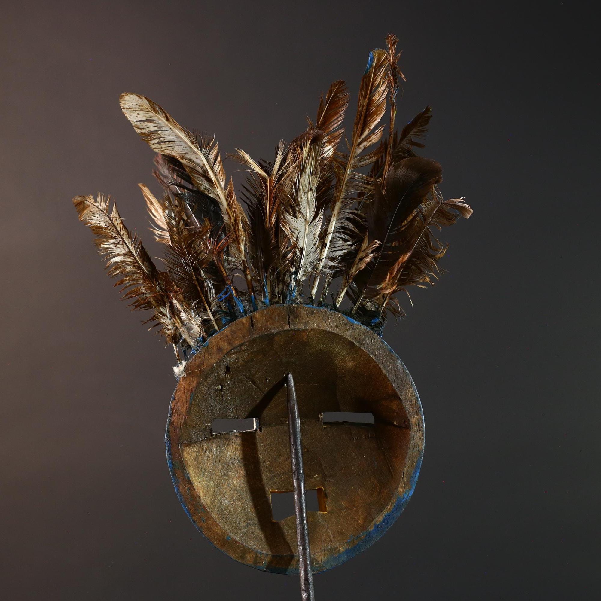 African tribal Bobo mask blue face wall decor with feathers spirit mask Burkina Faso ceremonial art sculpture handmade carving-G5430