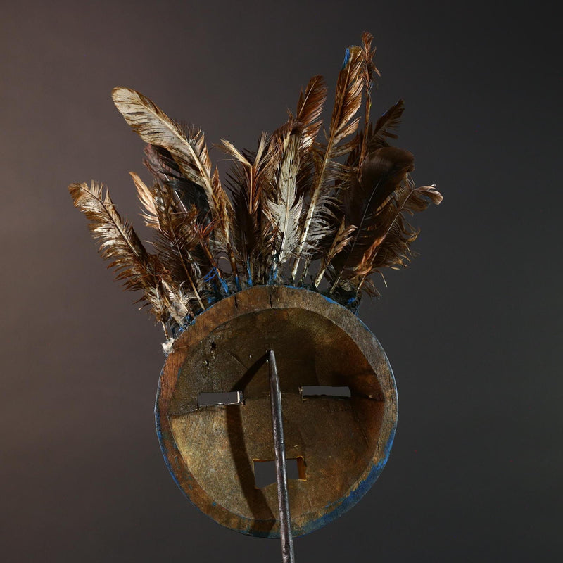 African tribal Bobo mask blue face wall decor with feathers spirit mask Burkina Faso ceremonial art sculpture handmade carving-G5430