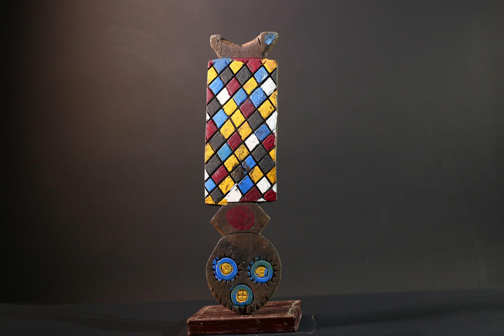 African Bwa mask tribal wall decor colorful checker panel owl face carving from Burkina Faso vertical handmade ritual sculpture-G5433