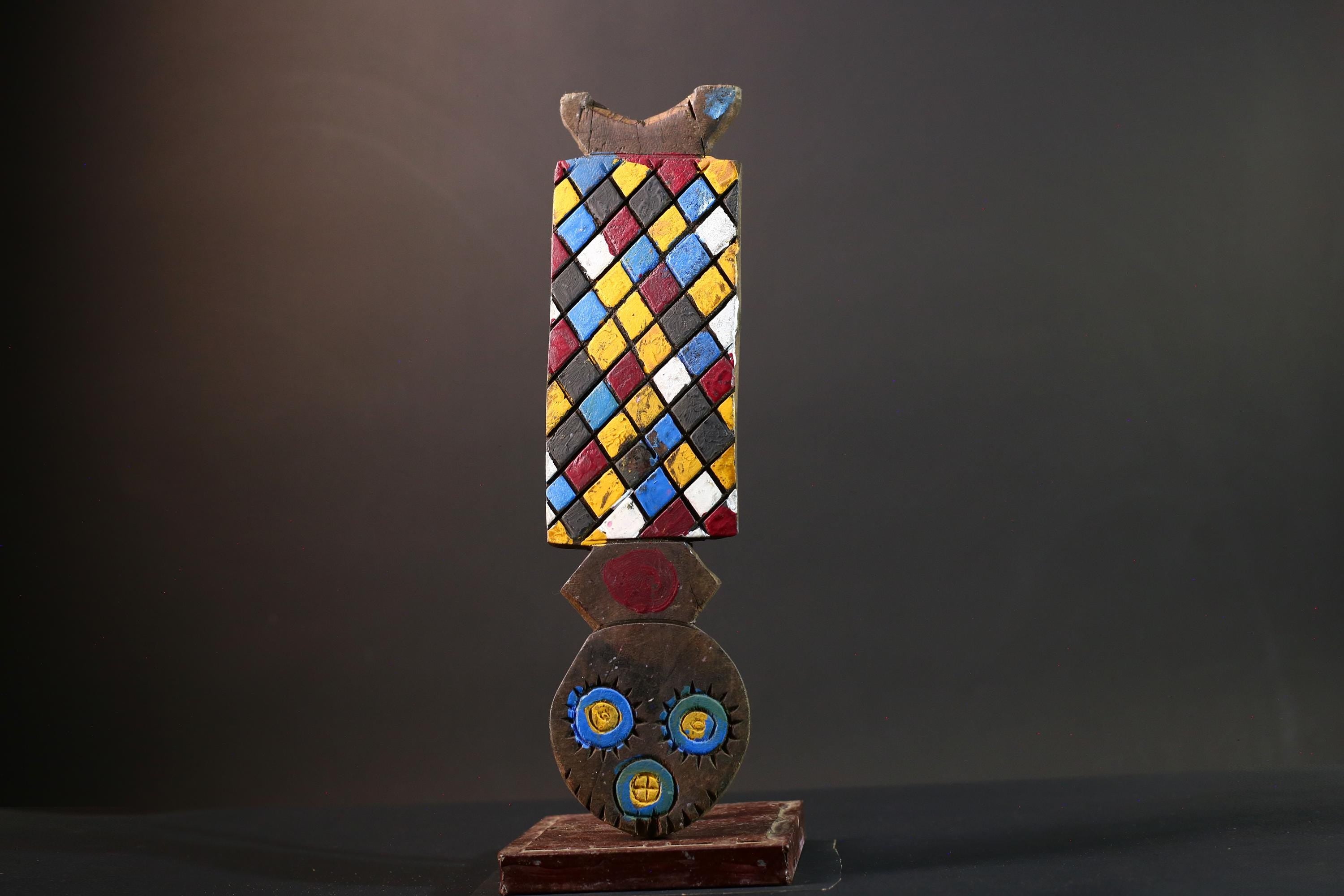 African Bwa mask tribal wall decor colorful checker panel owl face carving from Burkina Faso vertical handmade ritual sculpture-G5433