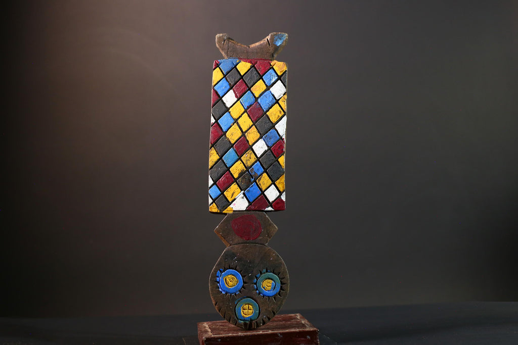 African Bwa mask tribal wall decor colorful checker panel owl face carving from Burkina Faso vertical handmade ritual sculpture-G5433