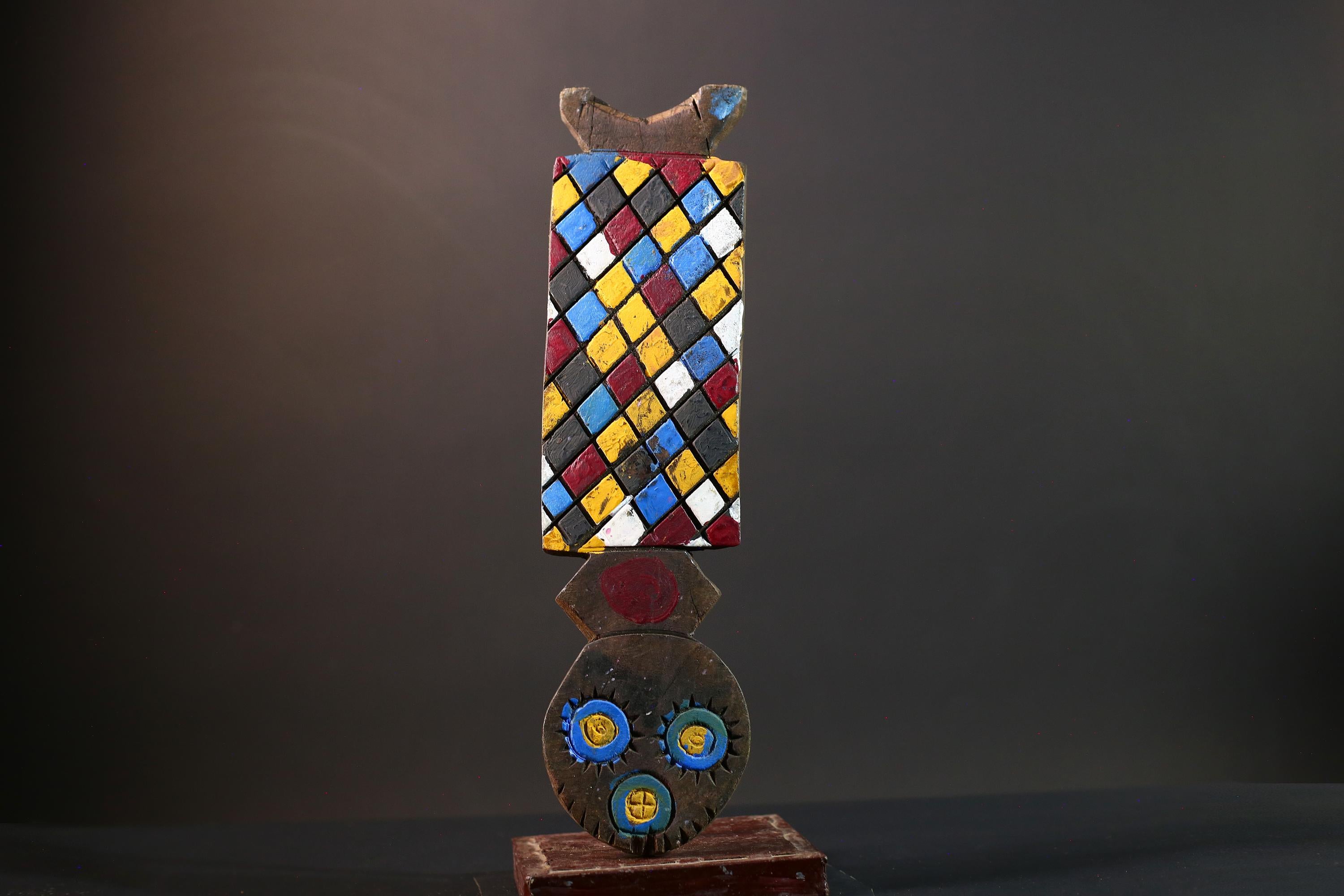 African Bwa mask tribal wall decor colorful checker panel owl face carving from Burkina Faso vertical handmade ritual sculpture-G5433