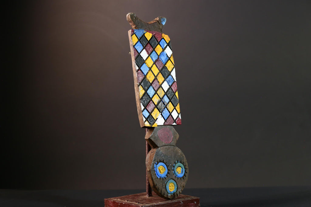 African Bwa mask tribal wall decor colorful checker panel owl face carving from Burkina Faso vertical handmade ritual sculpture-G5433