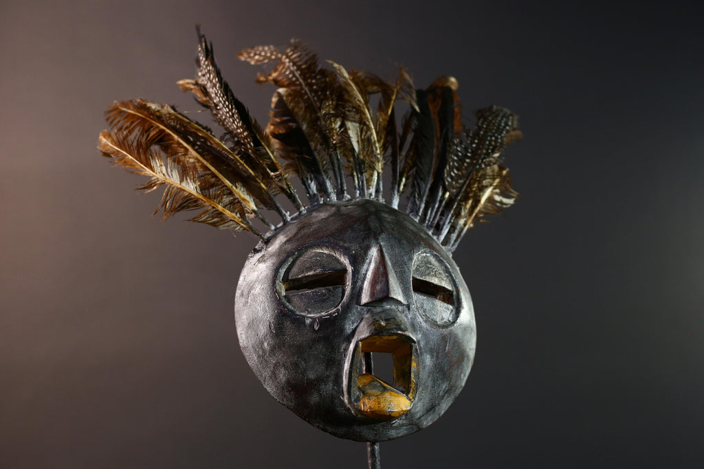 Bobo tribal feathered mask African wall decor from Burkina Faso round face ceremonial wood carving rustic spiritual sculpture-G5434