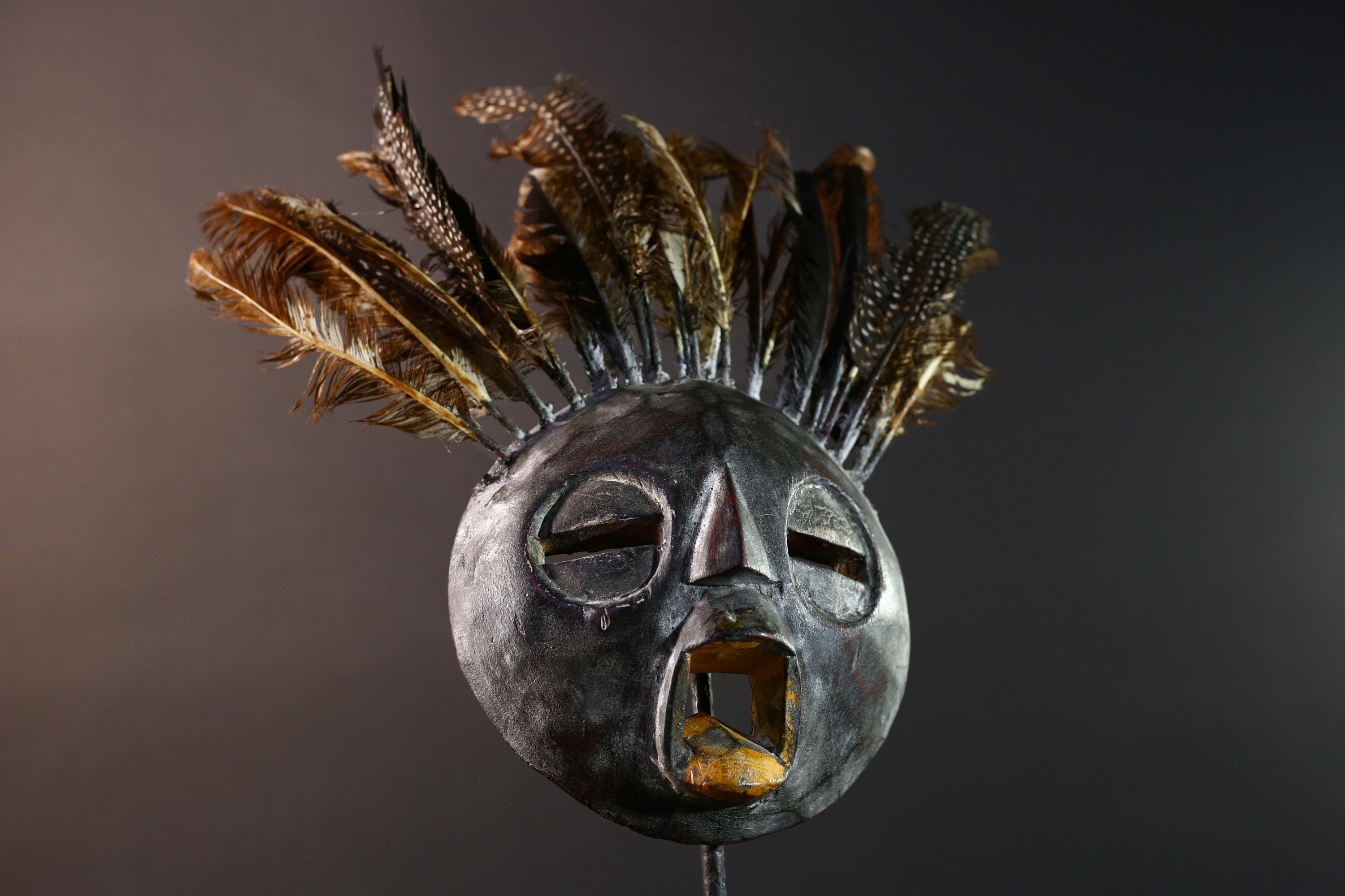 Bobo tribal feathered mask African wall decor from Burkina Faso round face ceremonial wood carving rustic spiritual sculpture-G5434