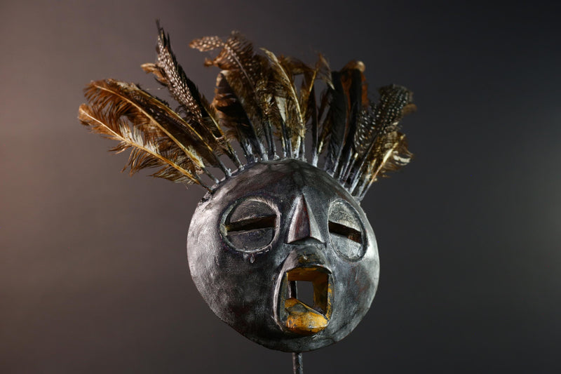 Bobo tribal feathered mask African wall decor from Burkina Faso round face ceremonial wood carving rustic spiritual sculpture-G5434