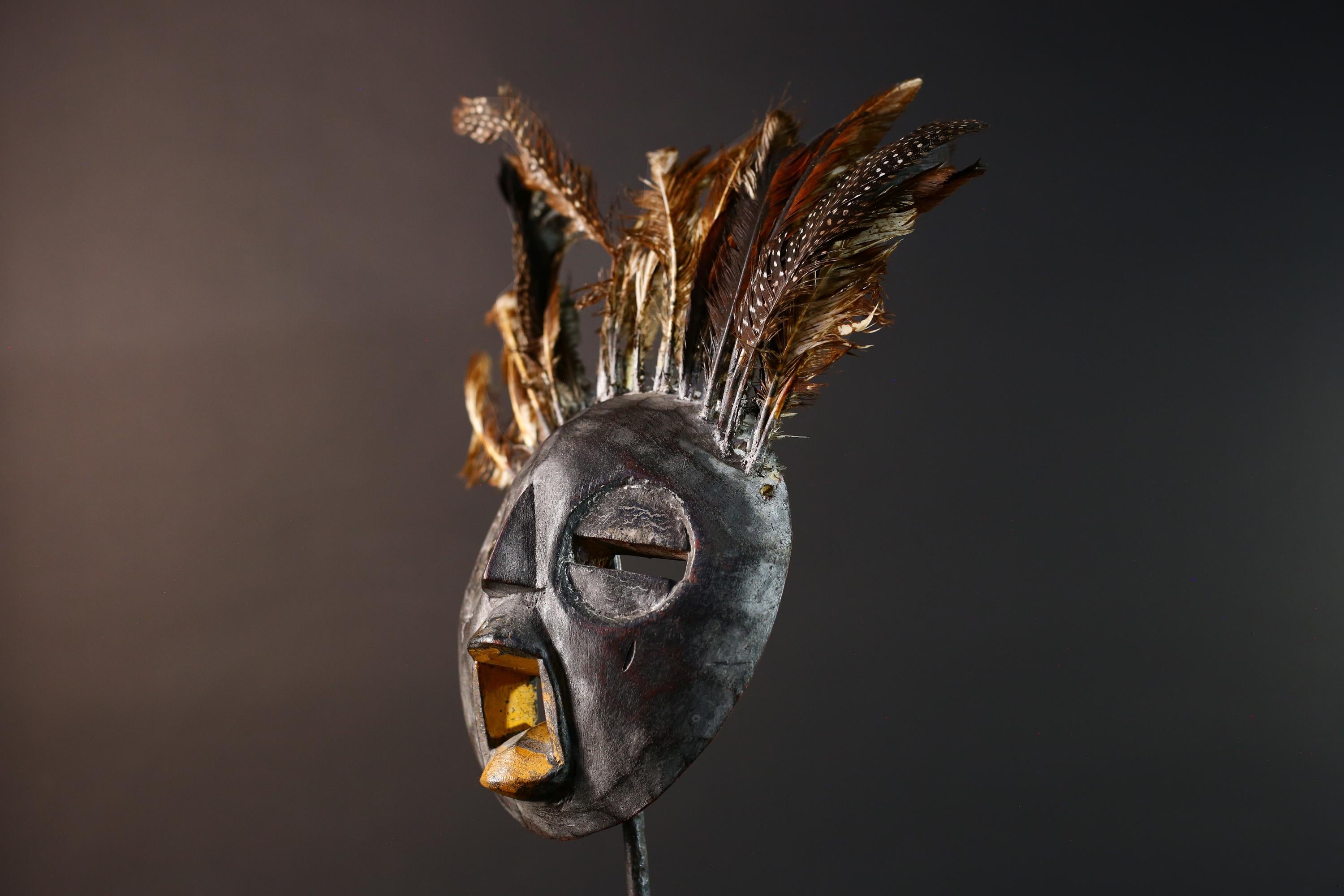 Bobo tribal feathered mask African wall decor from Burkina Faso round face ceremonial wood carving rustic spiritual sculpture-G5434