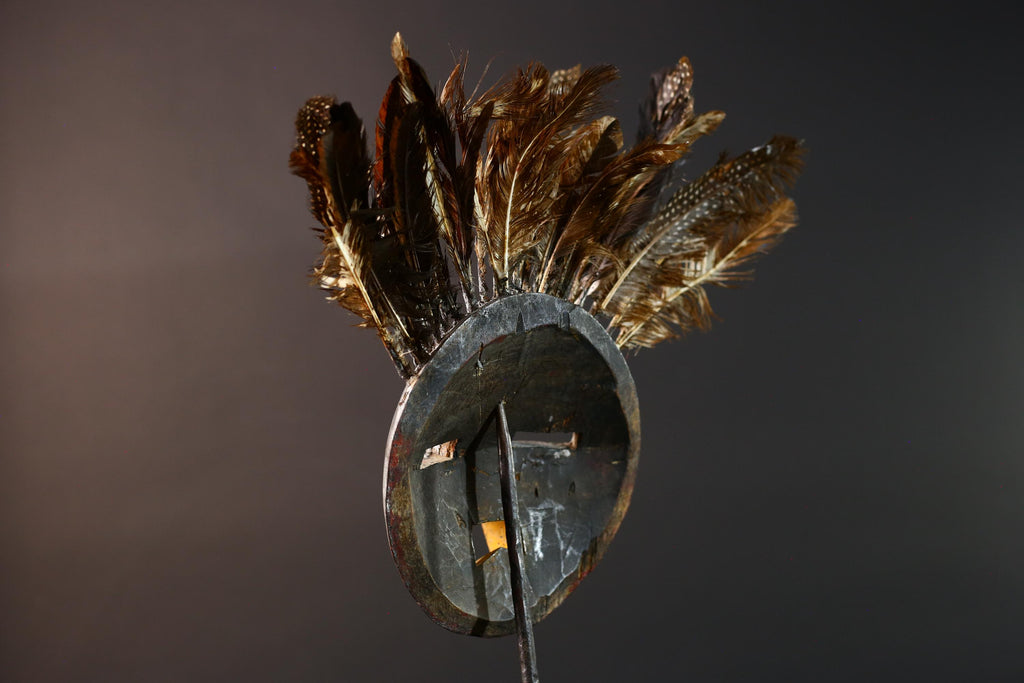 Bobo tribal feathered mask African wall decor from Burkina Faso round face ceremonial wood carving rustic spiritual sculpture-G5434