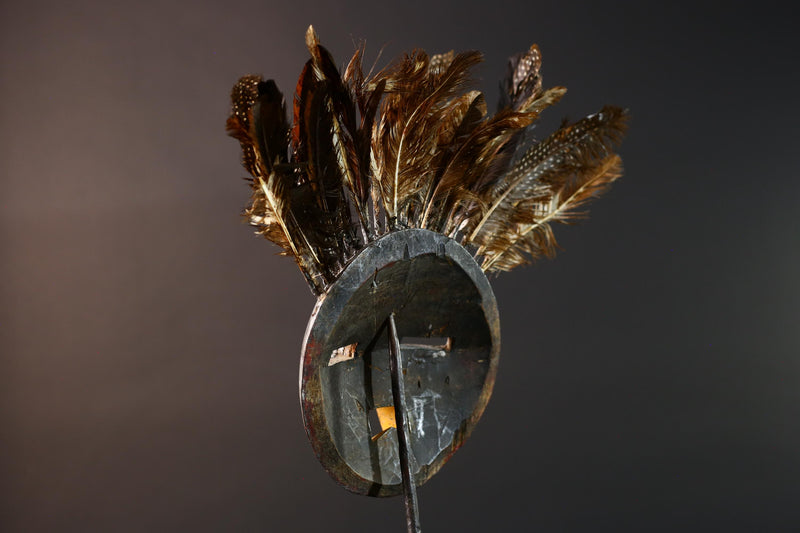 Bobo tribal feathered mask African wall decor from Burkina Faso round face ceremonial wood carving rustic spiritual sculpture-G5434