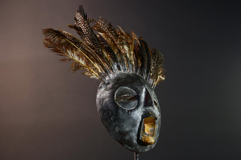 Bobo tribal feathered mask African wall decor from Burkina Faso round face ceremonial wood carving rustic spiritual sculpture-G5434