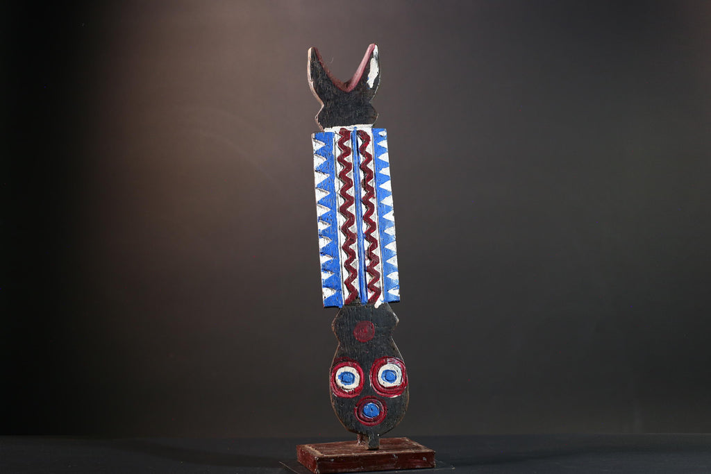 Bwa African mask geometric wall art tribal spirit carving with red blue white pattern from Burkina Faso vertical ceremonial decor-G5435