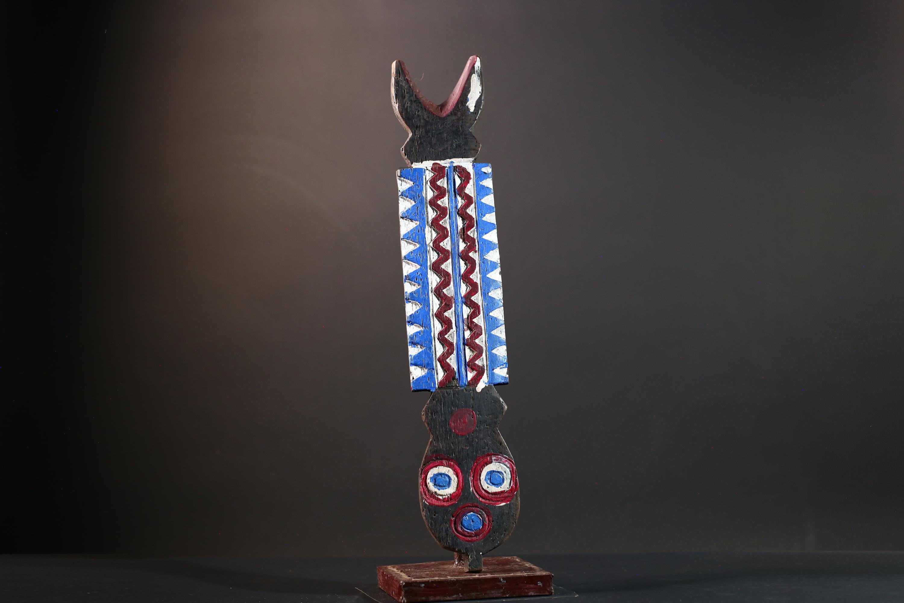 Bwa African mask geometric wall art tribal spirit carving with red blue white pattern from Burkina Faso vertical ceremonial decor-G5435