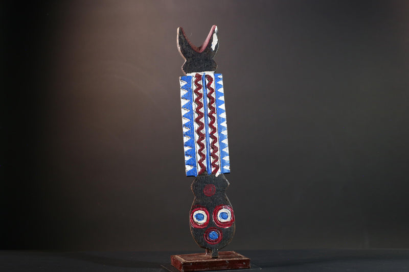 Bwa African mask geometric wall art tribal spirit carving with red blue white pattern from Burkina Faso vertical ceremonial decor-G5435