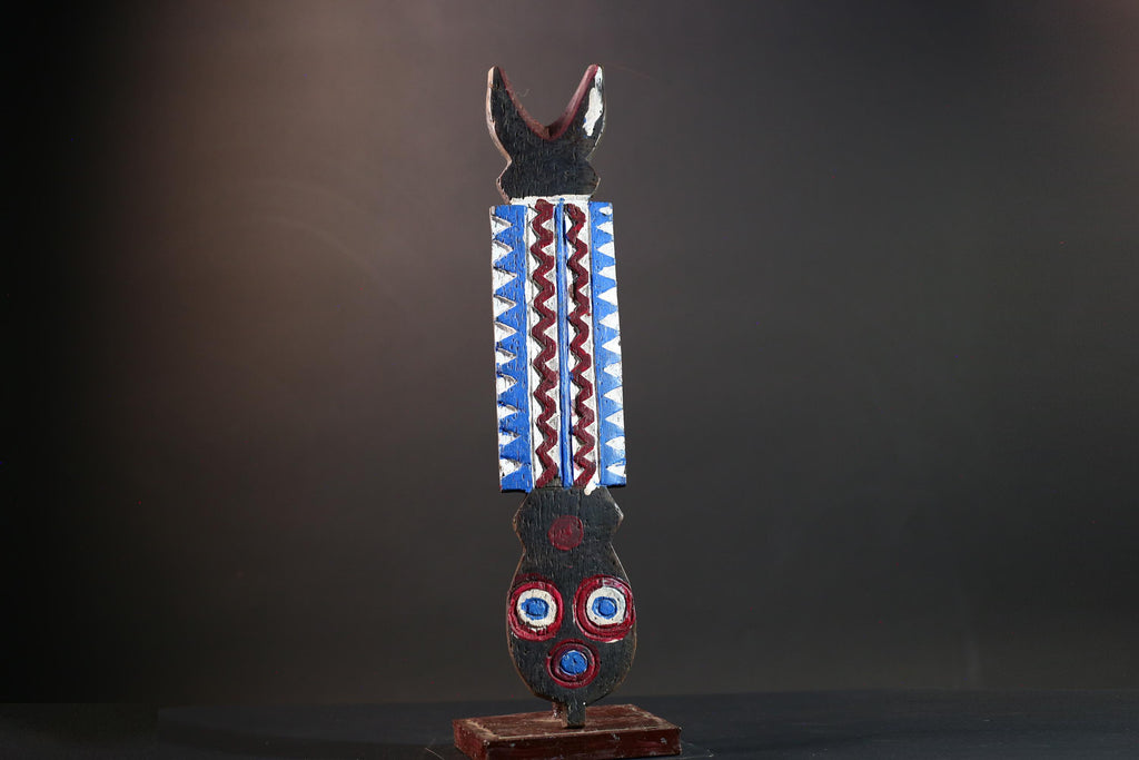 Bwa African mask geometric wall art tribal spirit carving with red blue white pattern from Burkina Faso vertical ceremonial decor-G5435