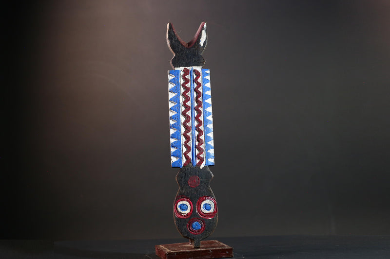 Bwa African mask geometric wall art tribal spirit carving with red blue white pattern from Burkina Faso vertical ceremonial decor-G5435