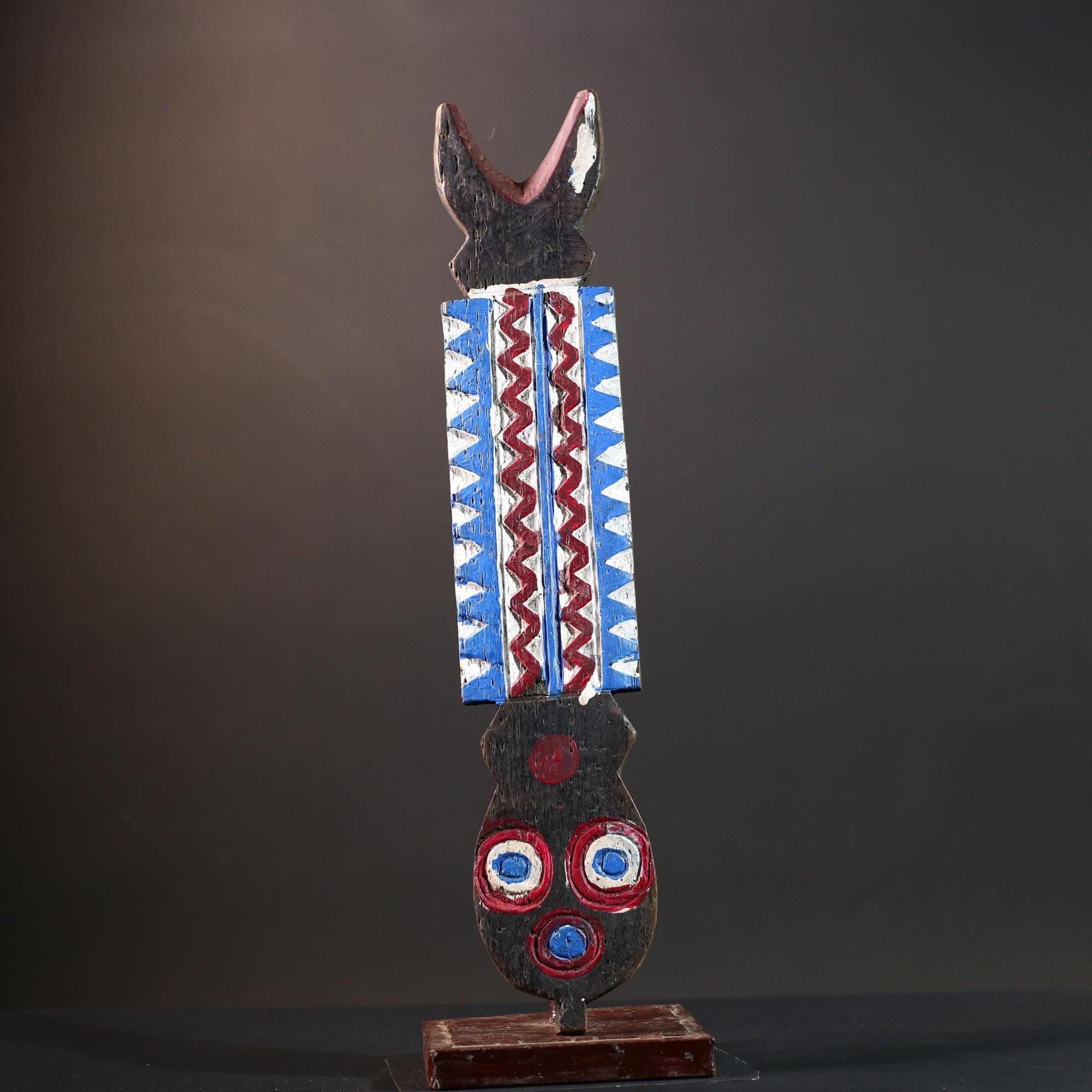 Bwa African mask geometric wall art tribal spirit carving with red blue white pattern from Burkina Faso vertical ceremonial decor-G5435