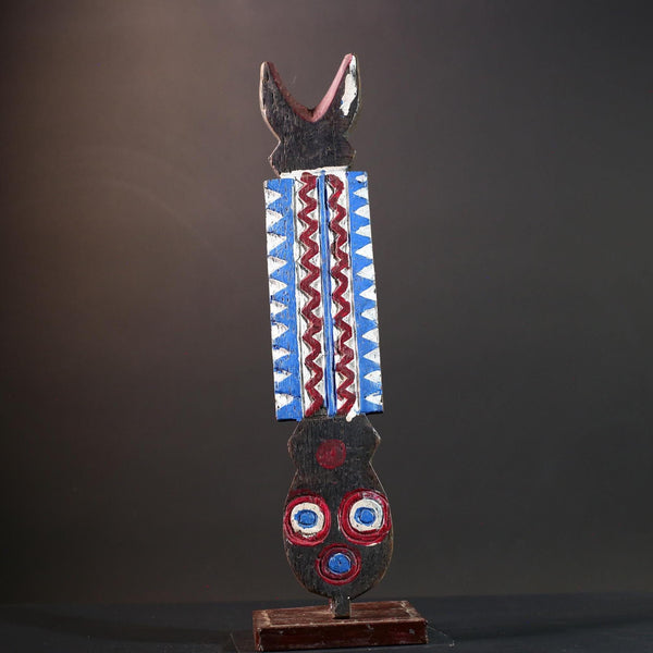 Bwa African mask geometric wall art tribal spirit carving with red blue white pattern from Burkina Faso vertical ceremonial decor-G5435
