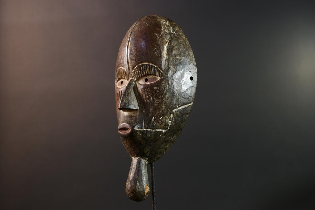 Dan tribal mask African carved wood wall decor with chin extension from Côte d’Ivoire Liberia ceremonial rustic art face carving-G5436