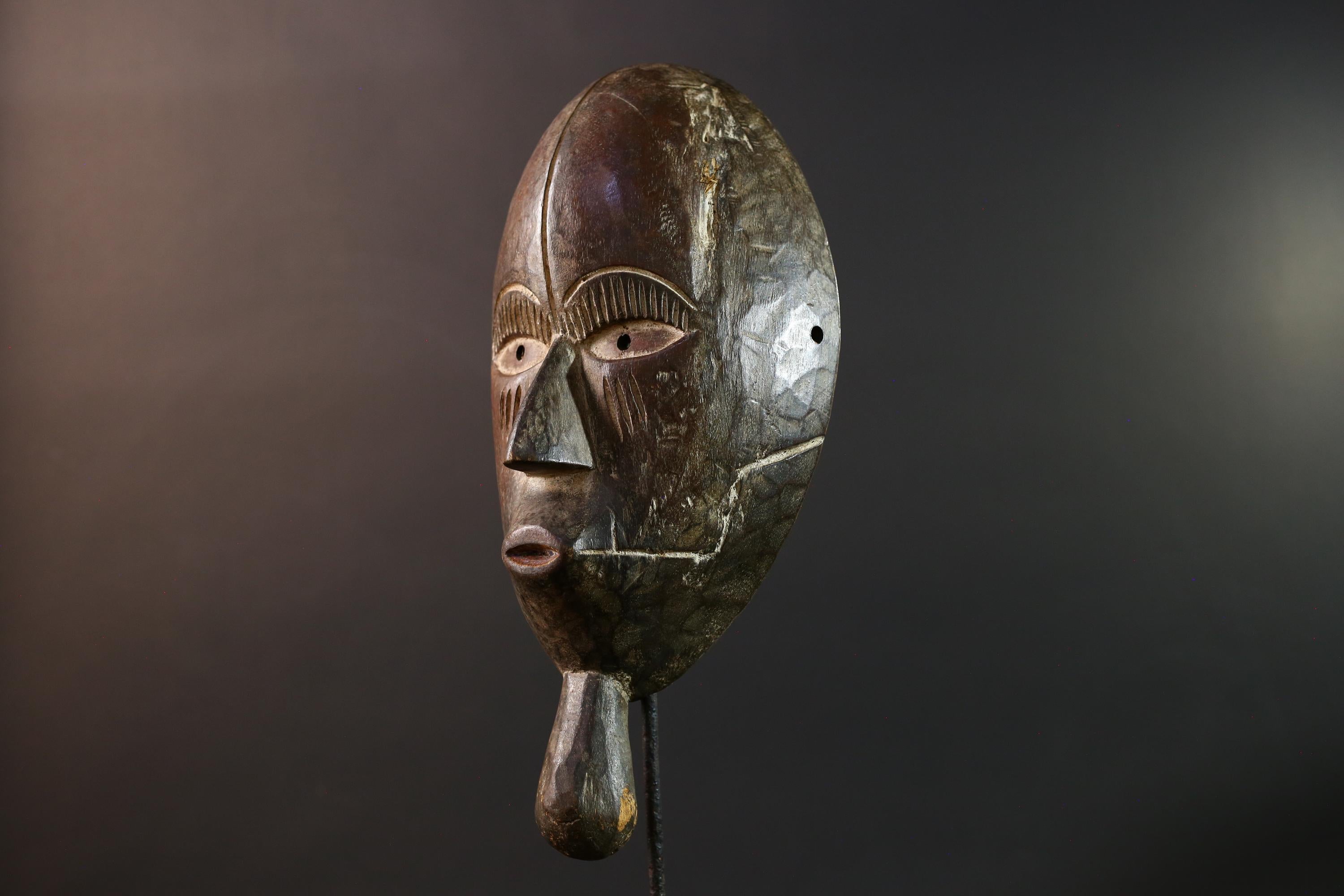 Dan tribal mask African carved wood wall decor with chin extension from Côte d’Ivoire Liberia ceremonial rustic art face carving-G5436