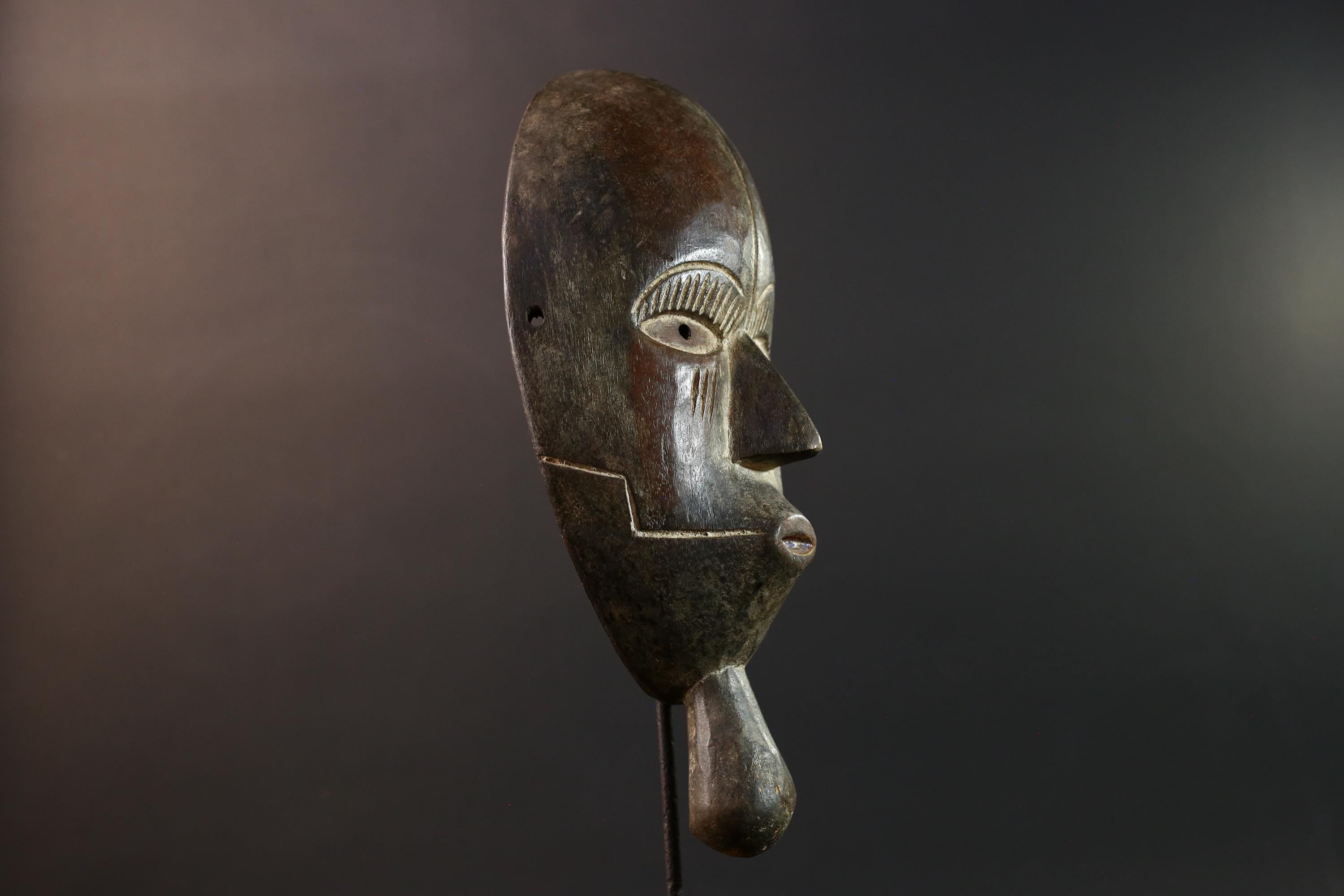 Dan tribal mask African carved wood wall decor with chin extension from Côte d’Ivoire Liberia ceremonial rustic art face carving-G5436